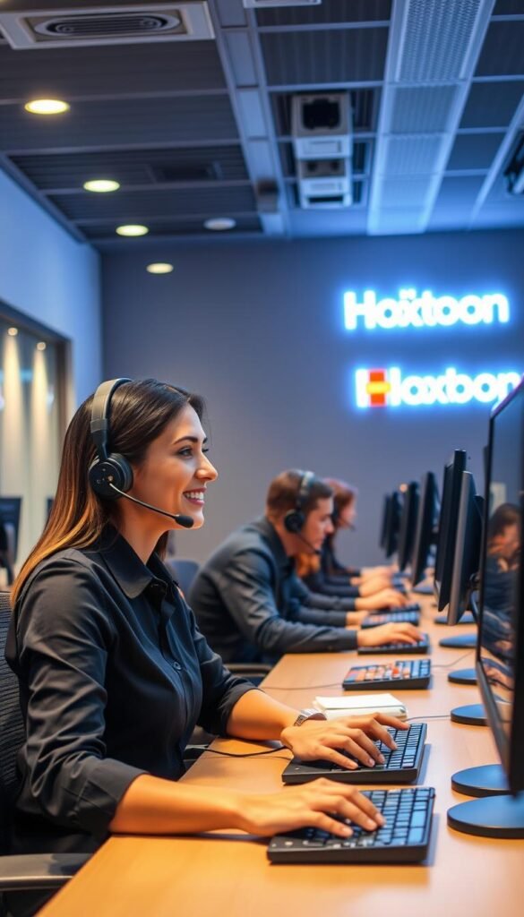 A bustling customer service center for the Hoxtoon Provider, with a team of attentive agents handling inquiries across multiple communication channels. The scene is bathed in a warm, professional lighting, creating a welcoming atmosphere. In the foreground, a customer service representative is engaged in a friendly conversation, their expression conveying a genuine desire to assist. The middle ground features a row of workstations, each occupied by a focused agent, their hands typing swiftly on keyboards. The background showcases the Hoxtoon Provider's branding, prominently displayed on the wall, instilling a sense of trust and reliability. The overall composition emphasizes the quality of Hoxtoon's customer support, ready to provide top-notch service to its valued subscribers.