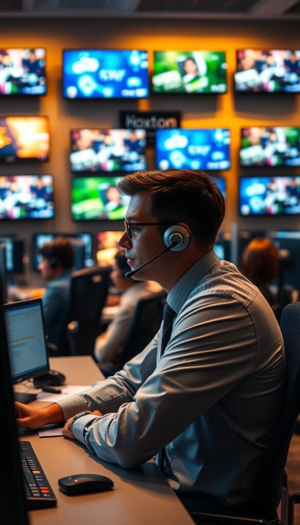 A bustling customer service office, with a Hoxtoon Provider desk in the foreground. The agent, dressed in a crisp button-down shirt and tie, is leaning forward, listening intently to the customer on the other end of the call. The background is filled with a wall of monitors displaying various IPTV channels, casting a soft glow across the room. Warm, directional lighting illuminates the scene, creating a professional and inviting atmosphere. The camera angle is slightly elevated, giving a sense of the scale and activity of the support center.