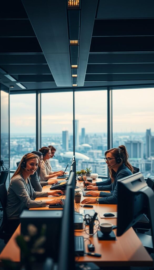 A bustling customer support desk in a sleek, modern office setting. In the foreground, a team of friendly, attentive Hoxtoon Provider agents assist customers with their inquiries, their faces reflecting a genuine concern for providing exceptional service. Warm, soft lighting illuminates the scene, creating a welcoming atmosphere. The middle ground features neatly organized workstations, with cutting-edge technology and communication tools at the agents' fingertips. In the background, a panoramic view of the city skyline through large windows, conveying a sense of professionalism and reliability. The overall mood is one of efficiency, empathy, and a commitment to delivering an unparalleled customer experience with the Hoxtoon Provider brand.