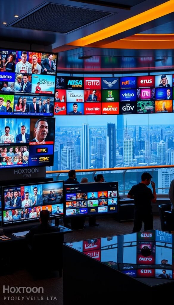 A bustling international IPTV hub, showcasing a diverse array of premium channels from around the world. In the foreground, a 4K ultra-high definition display illuminates the scene, showcasing vibrant live broadcasts from news networks, sports leagues, and entertainment hubs across the globe. In the middle ground, the sleek and modern user interface of the "Hoxtoon Provider" platform, featuring intuitive navigation and personalized recommendations. The background is a panoramic view of a cosmopolitan city skyline, hinting at the global reach and connectivity of this premium IPTV service. The overall atmosphere is one of excitement, discovery, and unfettered access to the world's most captivating television content.
