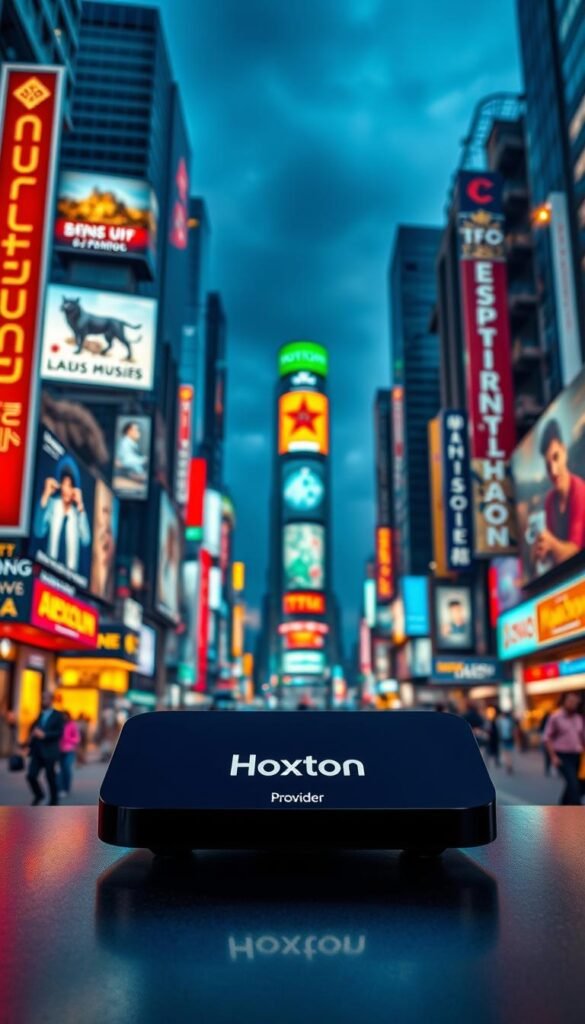 A bustling metropolis at night, neon signs and billboards of international entertainment channels illuminating the skyline. A wide variety of cultural programming from around the world - movies, music, news, and more - beamed across the globe. In the foreground, a sleek, modern device bearing the "Hoxtoon Provider" logo, showcasing the seamless integration of global content. Vibrant colors, dynamic camera angles, and a sense of limitless possibilities for cultural discovery. The image exudes a cosmopolitan, futuristic atmosphere, inviting the viewer to explore the diverse world of entertainment at their fingertips.