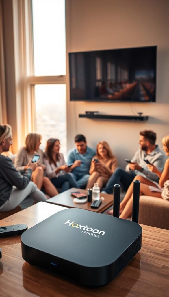 A bustling, modern living room with a large flat-screen television mounted on the wall. The room is bathed in warm, natural lighting from a nearby window, casting a cozy glow. In the foreground, a sleek, black streaming device with the "Hoxtoon Provider" logo is prominently displayed, surrounded by various remote controls and smart devices. The middle ground features a group of people, ranging in age, gathered around the television, engaged in animated conversation and sharing content on their smartphones and tablets. In the background, a subtle cityscape is visible through the window, hinting at the connected, global nature of online streaming. The overall atmosphere is one of relaxation, technology, and shared experiences.