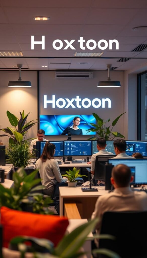 A bustling office scene with the Hoxtoon Provider logo prominently displayed. In the foreground, a team of friendly and knowledgeable customer service representatives assisting clients with their IPTV inquiries and concerns. The middle ground features a sleek, modern tech setup with multiple monitors and devices, conveying the company's expertise and cutting-edge capabilities. In the background, a warm and inviting atmosphere with plush seating, vibrant plants, and large windows, creating a welcoming and professional environment. Soft, directional lighting illuminates the space, highlighting the attention to detail and commitment to customer satisfaction. A bustling office scene with the Hoxtoon Provider logo prominently displayed. In the foreground, a team of friendly and knowledgeable customer service representatives assisting clients with their IPTV inquiries and concerns. The middle ground features a sleek, modern tech setup with multiple monitors and devices, conveying the company's expertise and cutting-edge capabilities. In the background, a warm and inviting atmosphere with plush seating, vibrant plants, and large windows, creating a welcoming and professional environment. Soft, directional lighting illuminates the space, highlighting the attention to detail and commitment to customer satisfaction.