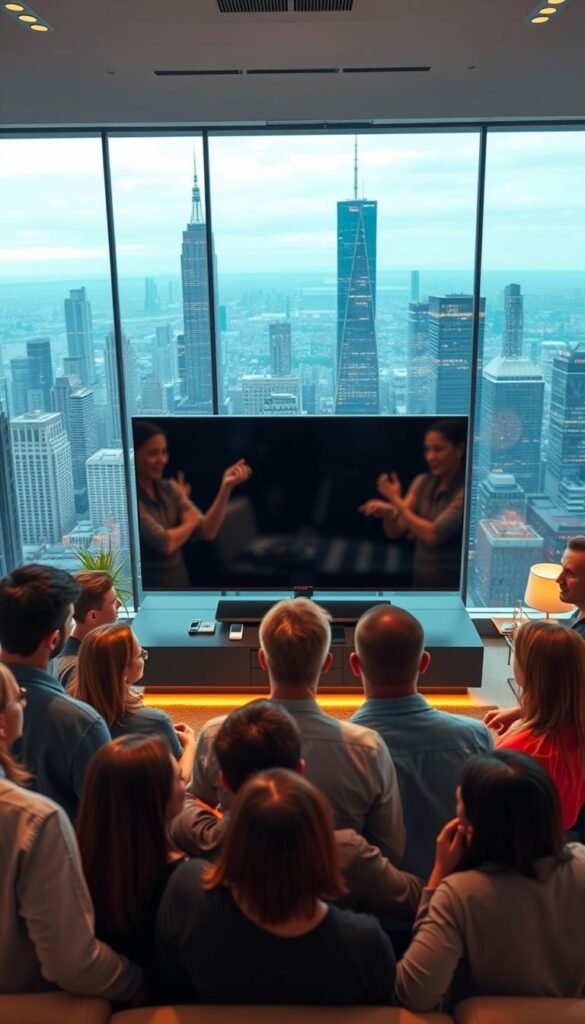 A bustling scene of satisfied IPTV users testifying to the excellence of the Hoxtoon Provider service. In the foreground, a group of people gathers around a large, high-definition TV screen, their faces animated with delight as they discuss the reliable and seamless streaming experience. In the middle ground, a sleek and modern living room setting, with warm lighting and plush furnishings, creating an atmosphere of comfort and relaxation. In the background, a cityscape filled with towering skyscrapers, hinting at the global reach and scalability of the Hoxtoon Provider platform. The overall mood is one of trust, satisfaction, and a sense of community among the users, showcasing the real-world success stories and testimonials that demonstrate the superiority of the Hoxtoon Provider IPTV service. Prompt
