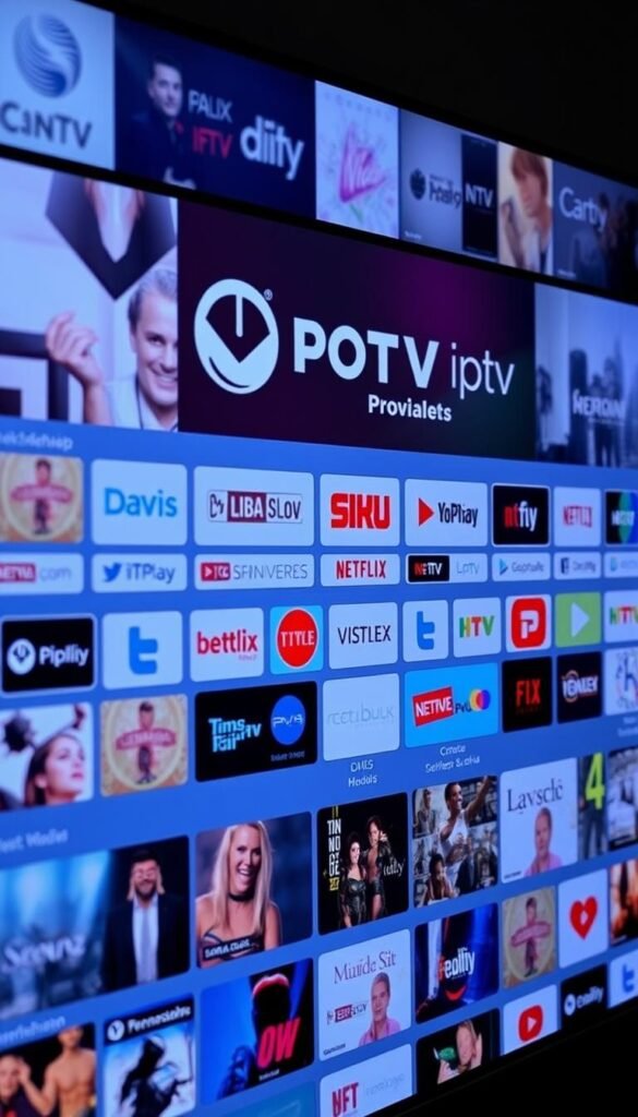 A busy IPTV service interface, featuring a sleek, customizable UI with a Hoxtoon Provider logo. The screen displays a well-organized grid of premium channel logos and content thumbnails, suggesting a vast library of high-quality entertainment options. The layout is clean and intuitive, with subtle gradients and soft lighting creating a sense of depth and professionalism. The overall atmosphere conveys a premium, sophisticated streaming experience tailored for discerning viewers.