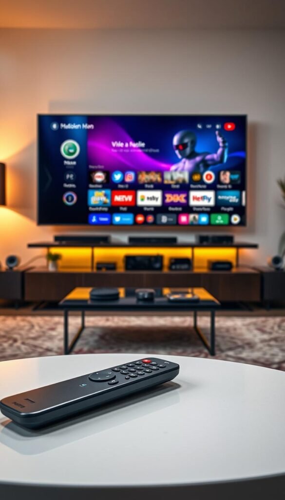 A captivating scene of a modern home entertainment setup, featuring a large television screen displaying a vivid 14-day catch-up IPTV interface powered by the Hoxtoon Provider. The room is bathed in a warm, ambient lighting, creating a cozy and inviting atmosphere. In the foreground, a sleek, high-end remote control lies on a minimalist coffee table, ready to navigate the expansive selection of over 21,000 live TV channels and on-demand content. The middle ground showcases a array of connected devices, seamlessly integrated to provide a seamless, multi-screen viewing experience across 6+ devices. The background subtly hints at the technological prowess of the Hoxtoon Provider, with a hint of futuristic elements that elevate the overall aesthetic.