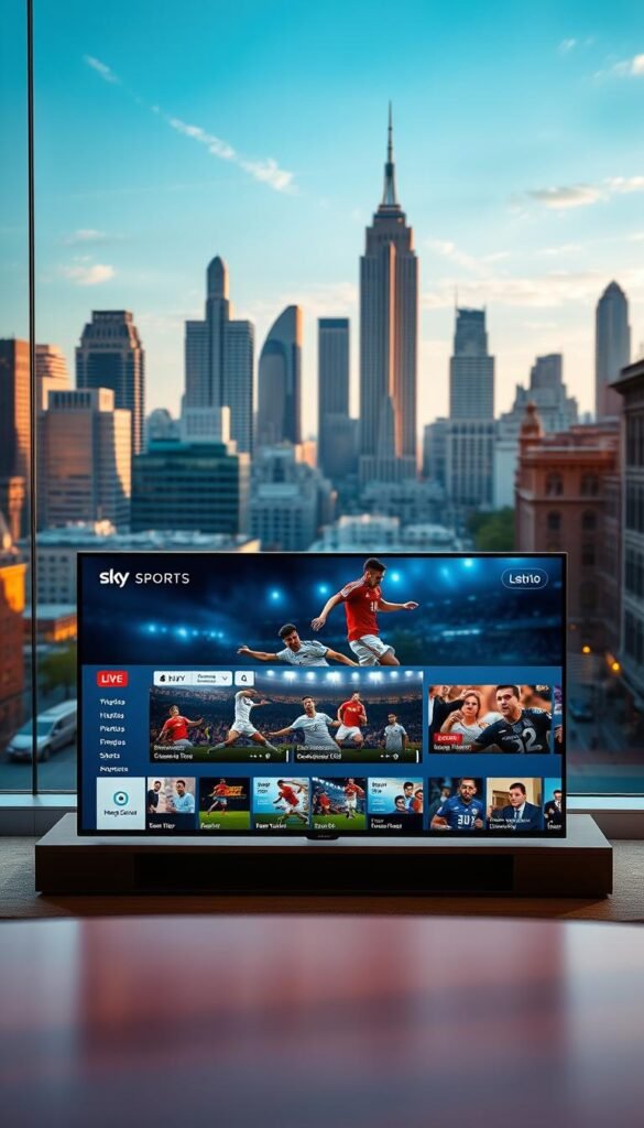 A captivating vista of a modern media hub, showcasing the Hoxtoon Provider interface on a sleek, high-resolution display. The foreground features a seamless, intuitive user experience, with an array of Sky Sports channels and content readily available. The middle ground captures the dynamic energy of live sports broadcasts, with players in motion and vibrant graphics. In the background, a cityscape of towering skyscrapers and bustling streets, reflecting the growing demand for top-tier sports entertainment in the USA. Warm, natural lighting casts a inviting glow, complemented by a cinematic depth of field that draws the viewer into the immersive world of Hoxtoon's IPTV solution.