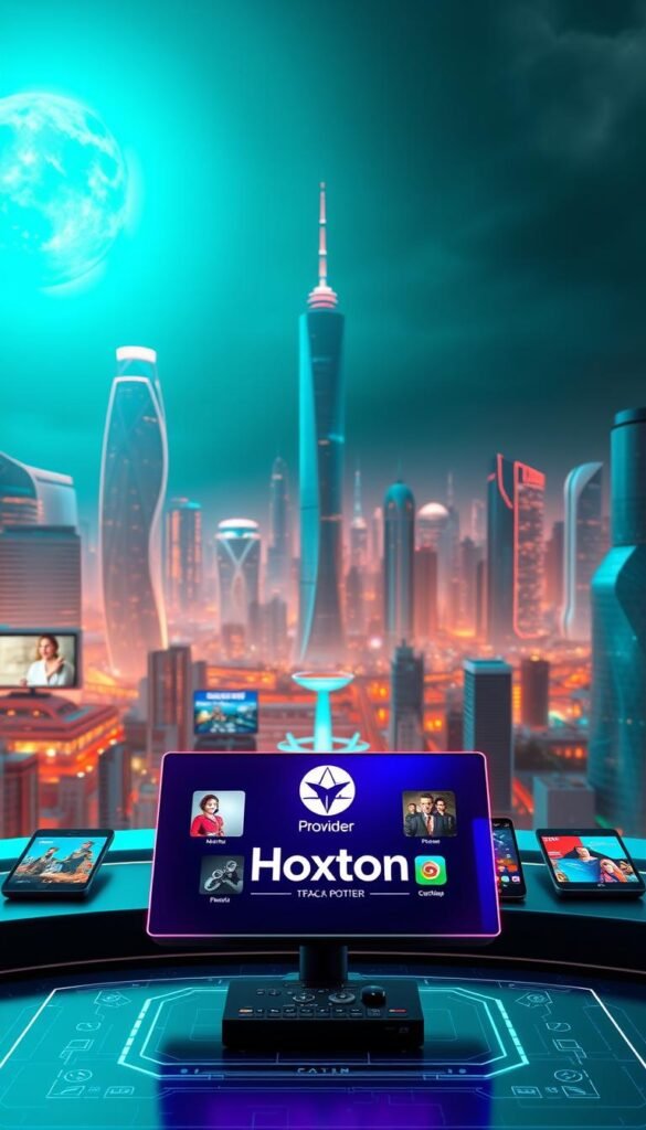 A cinematic, futuristic digital media streaming landscape. In the foreground, a sleek, minimalist interface displaying the Hoxtoon Provider brand. Vibrant holographic displays showcase a diverse array of content, with smooth transitions and seamless navigation. The middle ground features a network of interconnected devices, tablets, and smartphones, all seamlessly integrated and responsive. In the background, a cityscape of skyscrapers and futuristic architecture, bathed in a warm, teal-hued lighting that evokes a sense of technological advancement and innovation. The scene conveys a vision of the future of catch-up TV IPTV services, with intuitive, user-centric design and cutting-edge streaming capabilities.