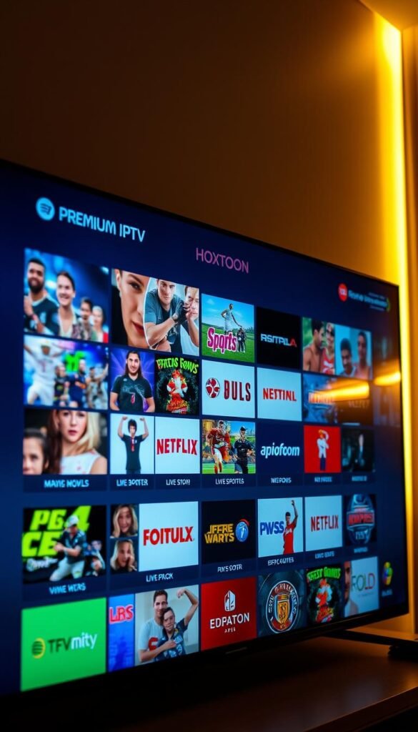 A cinematic, high-quality image of a television screen displaying a variety of premium IPTV channels from the Hoxtoon Provider, illuminated by a warm, soft light. The screen showcases a diverse selection of live sports, movies, TV shows, and news channels, offering a glimpse into the endless entertainment possibilities of a premium IPTV subscription. The image conveys a sense of excitement and the allure of unlocking a world of premium content, with a focus on the visual quality and the comprehensive channel selection.