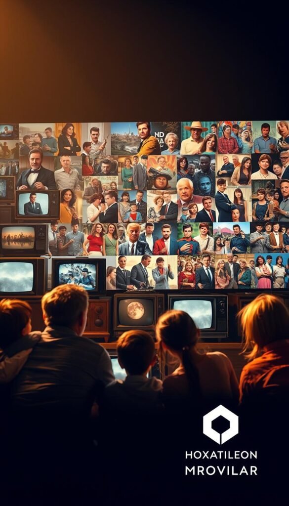 A cinematic scene depicting the evolution of television entertainment in America. In the foreground, a family gathers around a vintage cathode-ray tube television, captivated by its flickering black-and-white images. The middle ground showcases a progression of television sets, from early color models to sleek flat-screen displays, symbolizing technological advancements. In the background, a vibrant collage of iconic television characters, from classic sitcoms to modern streaming platforms, illustrates the diverse entertainment landscape. Warm, nostalgic lighting casts a golden glow, evoking a sense of timeless nostalgia. The Hoxtoon Provider logo subtly appears in the corner, hinting at the future of affordable and accessible IPTV services.