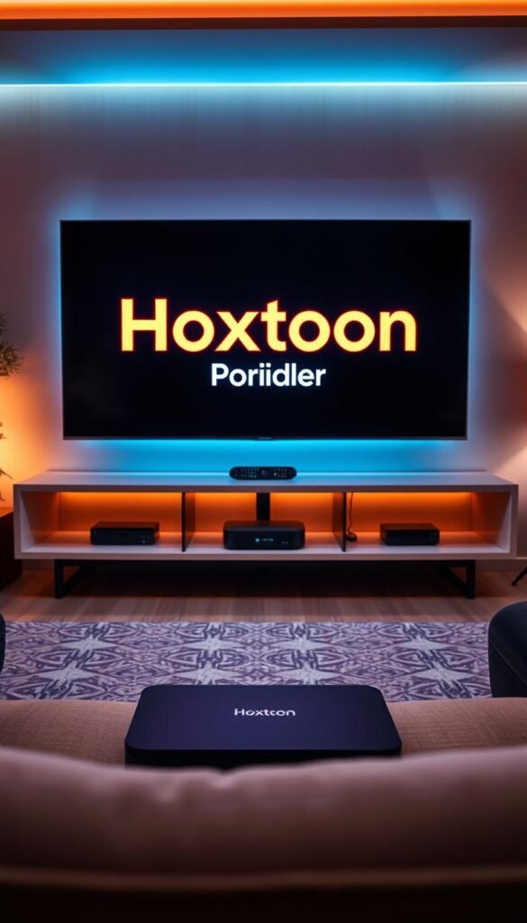 A cinematic view of a sleek and modern TV streaming setup. In the foreground, a high-end OLED display showcases vivid, lifelike colors and crisp details. On the screen, the Hoxtoon Provider logo shines, indicating a state-of-the-art IPTV service. The middle ground features a minimalist entertainment center with a powerful streaming device, remote controls, and carefully arranged accessories. The background is bathed in warm, soft lighting, creating a cozy and inviting atmosphere, hinting at the comfort and convenience of the IPTV experience. The overall composition conveys the evolution of TV streaming services, blending technology, design, and the Hoxtoon brand's premium quality.