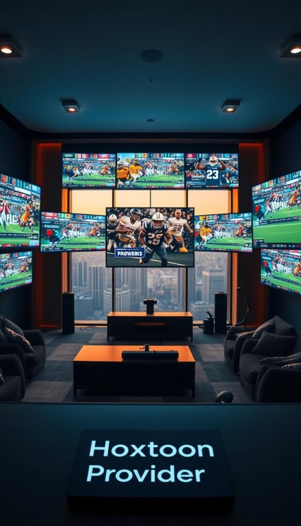 A cinematic wide-angle view of a modern media room, showcasing multiple large flatscreen TVs displaying various sports channels. The room is bathed in a warm, ambient lighting, creating a cozy and immersive atmosphere. In the foreground, a sleek, high-end entertainment system with the Hoxtoon Provider logo prominently displayed. The middle ground features plush, comfortable seating, inviting viewers to settle in and enjoy the sports action. The background reveals a panoramic cityscape, hinting at the global reach and access to international sports events. The overall composition conveys a sense of premium, cutting-edge entertainment experience powered by Hoxtoon Provider.
