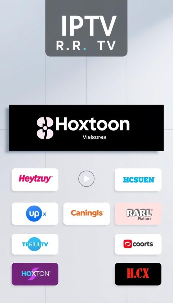 A clean, modern comparison of IPTV services for Roku TV, centered on the Hoxtoon Provider logo. Set against a sleek, minimalist background, with subtle grid lines to suggest a digital, technological aesthetic. The Hoxtoon logo is prominently displayed, with other IPTV service icons arranged alongside in a balanced, grid-like layout. Soft, neutral lighting highlights the clean lines and simple color palette, creating a professional, authoritative feel. The overall composition conveys a sense of objective, side-by-side evaluation of the various IPTV options available for Roku TV users.