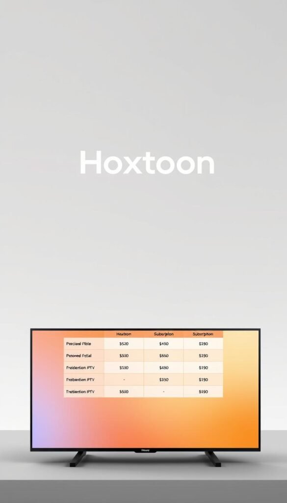 A clean, modern illustration of the Hoxtoon Provider IPTV subscription plans and pricing, set against a minimalist background. In the foreground, a sleek, high-resolution image of the Hoxtoon logo and branding, rendered in a striking color palette. In the middle ground, a clear, concise breakdown of the various Hoxtoon subscription options, presented in an easy-to-read tabular format. The background features a subtle, gradient-based texture, conveying a sense of professionalism and quality. The overall tone is one of clarity, simplicity, and attention to detail, reflecting the core value proposition of the Hoxtoon IPTV service.