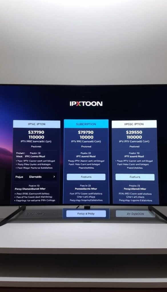 A clean, modern interface showcasing the HOXTOON Provider subscription plans. In the foreground, various IPTV package options are displayed with detailed pricing and feature information. The middle ground features a subtle background gradient, highlighting the service's professionalism and reliability. The lighting is soft and diffused, creating a premium, high-quality atmosphere. The camera angle is straight-on, providing a clear and accessible view of the plans. The overall composition emphasizes the clarity and transparency of the HOXTOON Provider offerings, inviting the viewer to explore the service.