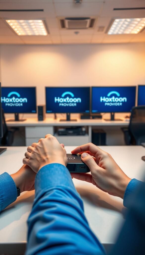 A clean, modern office setting with a large desk and multiple computer screens displaying the Hoxtoon Provider logo. In the foreground, a person's hands are intently configuring a streaming device, likely a set-top box or dongle. The background is softly blurred, emphasizing the focus on the setup process. Warm, diffused lighting casts a professional atmosphere, while subtle shadows add depth and dimension. The overall scene conveys a sense of reliability, efficiency, and user-friendly technology, reflecting the Hoxtoon Provider's capabilities in delivering a seamless IPTV experience across various devices.
