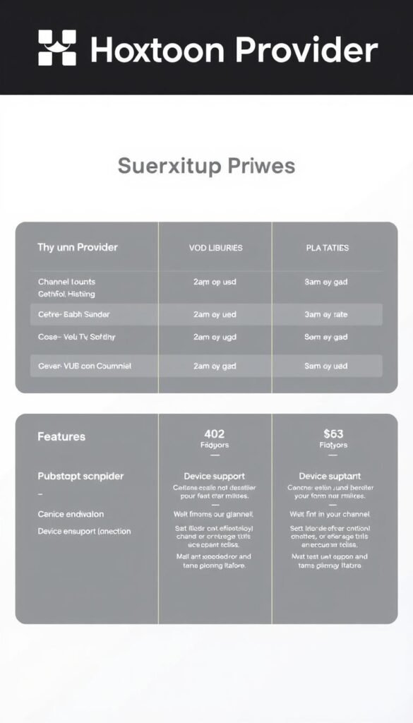A clean, modern presentation of Hoxtoon Provider's subscription plans. A minimalist, high-contrast layout showcasing the plan tiers, features, and pricing in an organized grid format. The foreground features the Hoxtoon Provider logo and plan names in a bold, professional typeface. The middle ground highlights the key details like channel counts, VOD libraries, and device support using clear icons and concise text. The background is a simple, gradient-based color scheme that complements the brand's aesthetic. The overall composition conveys a sense of clarity, value, and premium quality associated with the Hoxtoon Provider service.