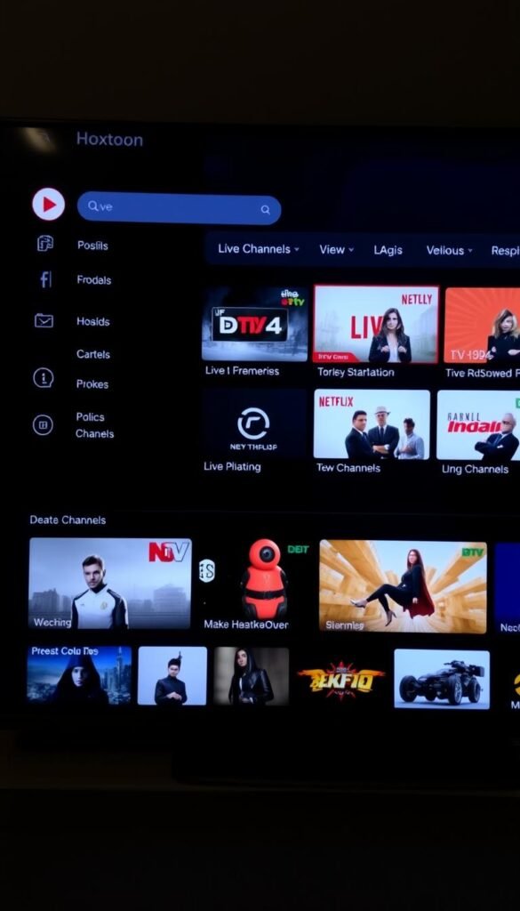 A clean, modern user interface for the Hoxtoon Provider IPTV service. The screen displays a grid of live channels and on-demand content thumbnails, with a sleek, dark-themed design and minimalist icons. The layout is balanced and intuitive, with a prominent search bar and intuitive navigation menu. The overall atmosphere is sophisticated and high-tech, reflecting Hoxtoon's position as a premium IPTV provider. The image is captured from a slightly elevated angle, showcasing the UI's elegant visual hierarchy and responsive layout across various device sizes.