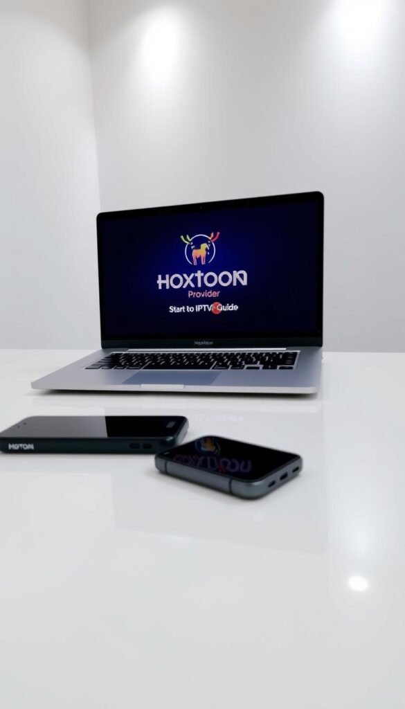 A clean, well-lit room with a modern laptop and a mobile device prominently displayed on a minimalist desk. On the laptop screen, the Hoxtoon Provider logo is clearly visible, indicating the start of the IPTV setup guide. The room has a sleek, high-tech atmosphere, with subtle ambient lighting and a neutral color palette that complements the devices. The overall composition suggests a straightforward, user-friendly IPTV setup process.