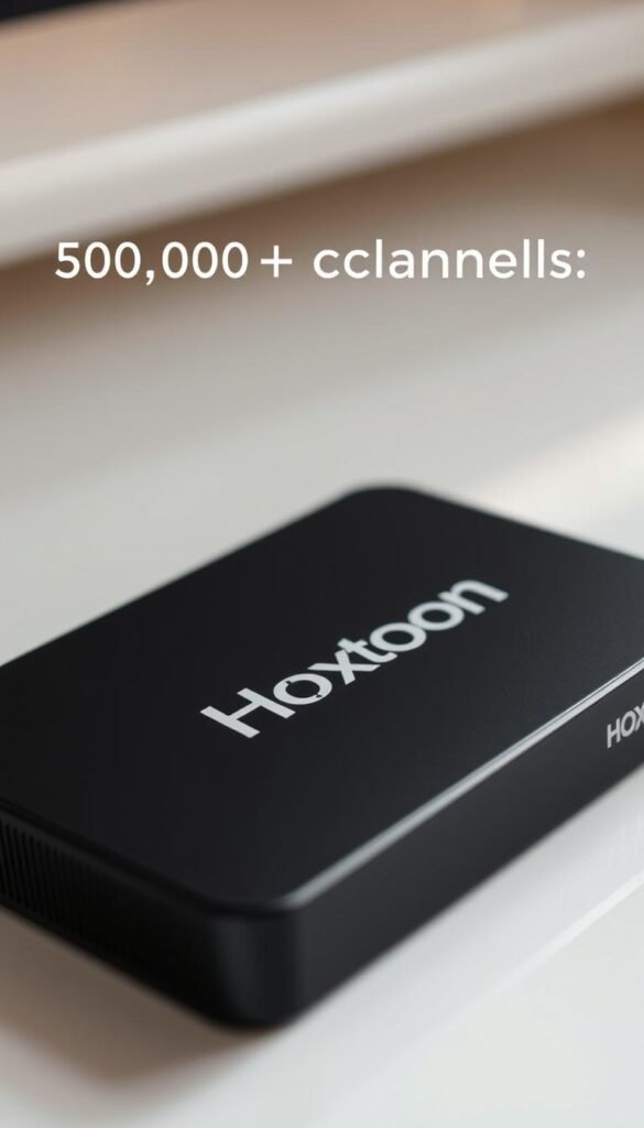 A close-up shot of the Hoxtoon Provider IPTV box, showcasing its sleek and modern design. The box has a matte black finish, with a prominent Hoxtoon logo prominently displayed on the front. The device is positioned on a minimalist, white background, allowing the details of the IPTV box to stand out. Lighting is soft and diffused, creating a warm and inviting atmosphere. The image is captured at a slight angle, emphasizing the clean lines and premium aesthetic of the Hoxtoon IPTV box, highlighting its suitability as a lifelong subscription service for 21,000+ channels.