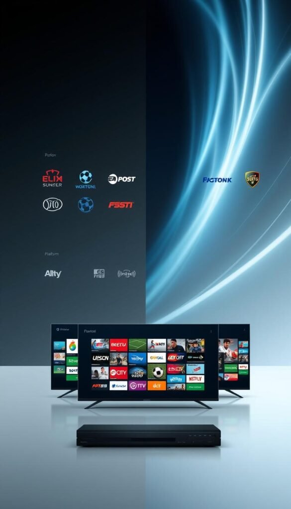 A comparative analysis of IPTV sport channel offerings, featuring a side-by-side display of the Hoxtoon Provider platform alongside other leading services. Showcase the diverse channel selection, video quality, and user interface of each provider in a sleek, minimalist layout. Capture the foreground with clean, high-resolution graphics of various sports logos and channel icons, while the middle ground depicts neatly arranged platform interfaces. The background should convey a sense of dynamism and motion, with abstract sports-themed elements such as swirling energy fields or dynamic light effects. Ensure a cohesive, visually striking composition that effectively communicates the comparative strengths of the Hoxtoon Provider IPTV service.