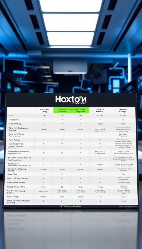 A comparison chart showcasing various IPTV service providers, including the Hoxtoon Provider, against a backdrop of a sleek, modern technology-inspired environment. The chart features detailed side-by-side comparisons of features, pricing, and customer ratings, presented in a clean, infographic-style layout. The Hoxtoon Provider is prominently displayed, with its branding and unique offerings highlighted. The overall scene conveys a sense of professionalism, authority, and trust in the IPTV industry.