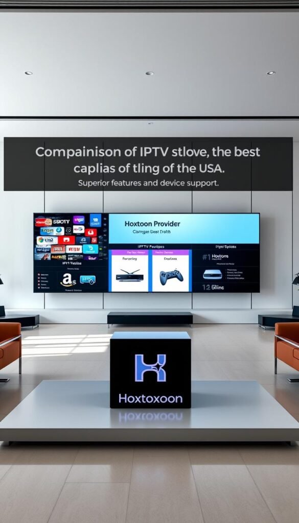A comparison of IPTV services, showcasing the Hoxtoon Provider as the best option in the USA. The scene depicts a modern, sleek office setting with large display screens showcasing various IPTV platforms. In the foreground, the Hoxtoon Provider logo is prominently displayed, highlighting its superior features and device support. The middle ground features side-by-side comparisons of IPTV service providers, emphasizing Hoxtoon's advantages. The background features a minimalist, high-tech ambiance with clean lines and soft lighting, conveying a sense of professionalism and reliability.