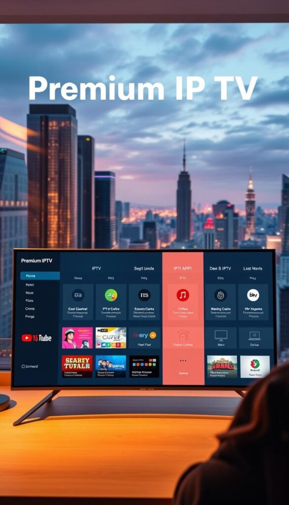 A comparison of premium IPTV services, showcasing the Hoxtoon Provider platform. In the foreground, a sleek modern interface displays various IPTV app options, each with distinct features and pricing. The middle ground reveals a side-by-side comparison of the apps' capabilities, such as channel selection, streaming quality, and device compatibility. In the background, a cityscape with towering skyscrapers and a vibrant skyline sets the scene, reflecting the global reach and technological sophistication of the IPTV industry. The lighting is warm and inviting, with a sense of professionalism and authority surrounding the Hoxtoon Provider brand.