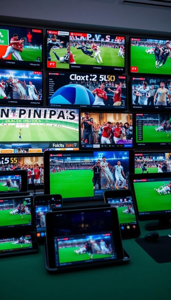 A comprehensive array of live sports channels displayed on various digital devices, showcasing the robust channel selection offered by the Hoxtoon Provider. Sleek, modern devices such as smartphones, tablets, and smart TVs are arranged in a visually appealing composition, with the screen content featuring a diverse range of popular sports events and teams. The scene is captured in a well-lit, vibrant environment, with a sense of energy and dynamism conveyed through the carefully curated camera angles and lens choices. The overall atmosphere exudes a professional, high-quality experience, highlighting the Hoxtoon Provider's commitment to delivering a comprehensive live sports streaming platform.