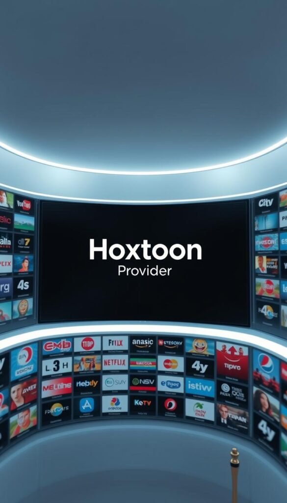 A comprehensive library of IPTV channels displayed on a sleek, modern interface. The Hoxtoon Provider logo prominently featured, surrounded by rows of channel icons neatly organized. A clean, minimalist design with a cool, neutral color palette, creating a sense of professionalism and sophistication. Lighting is soft and diffused, with a slight vignette effect to draw the eye to the center. The camera angle is positioned slightly above, giving an aerial view of the channel library, conveying a sense of overview and control. The entire scene exudes a high-tech, cutting-edge aesthetic, reflecting the advanced capabilities of the Hoxtoon IPTV service.