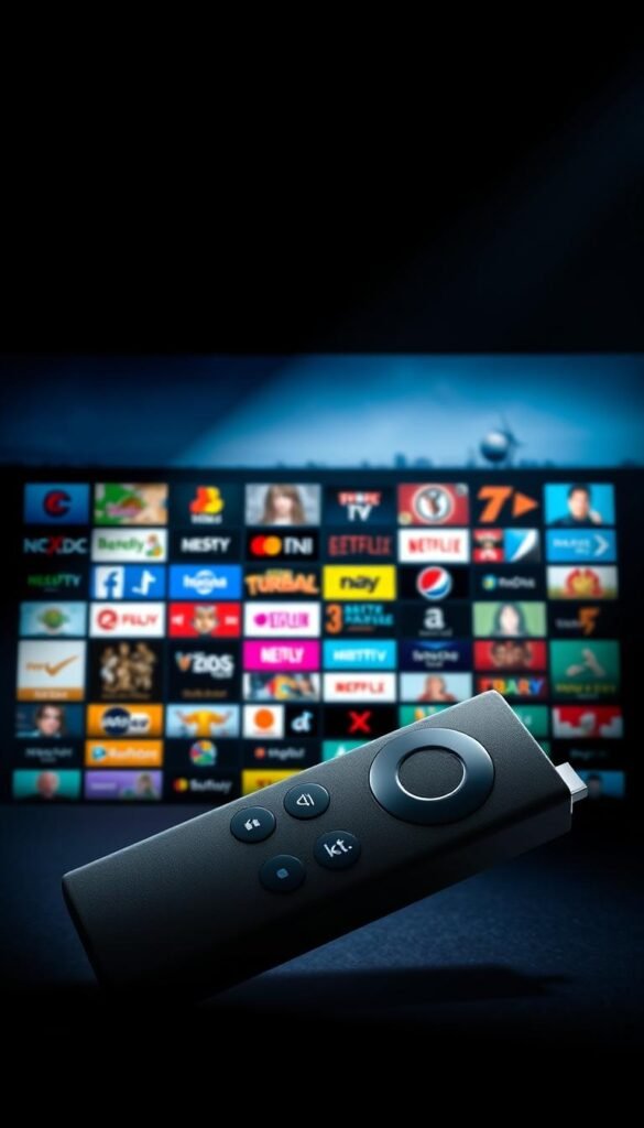 A comprehensive library of IPTV channels for Firestick, captured in a vibrant and visually appealing image. The foreground showcases a Firestick device, its sleek design emphasized by dramatic lighting that casts dynamic shadows. In the middle ground, a grid of channel icons representing the diverse content available, each with a distinct visual identity. The background features a subtle cityscape, hinting at the global reach and scope of the "Hoxtoon Provider" IPTV service. The overall composition conveys a sense of technical sophistication, entertainment, and the vast array of programming at the user's fingertips.