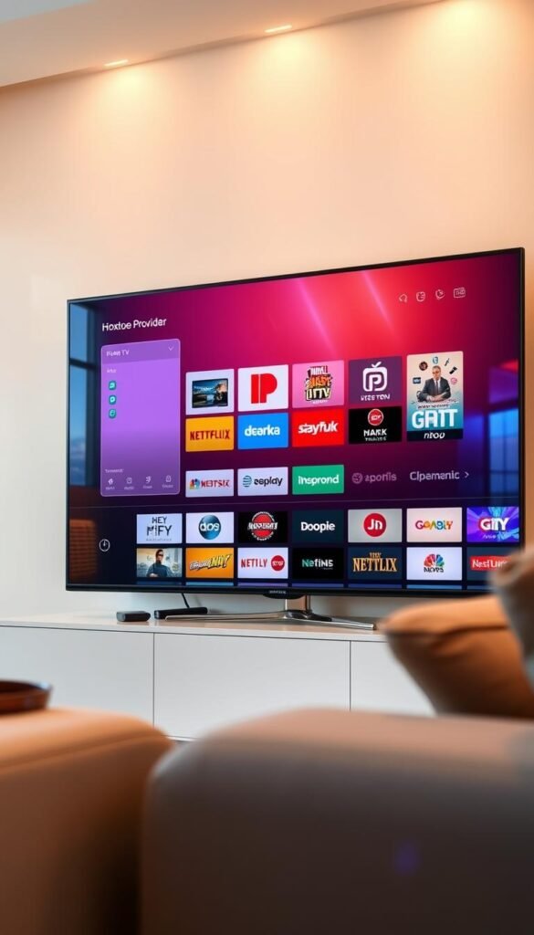 A contemporary home entertainment setup featuring a Roku TV displaying the intuitive and user-friendly Hoxtoon Provider IPTV app. The screen shows a curated selection of live TV channels, on-demand content, and integrated streaming services, all seamlessly organized for a satisfying viewing experience. The living room setting is bright and modern, with warm lighting accentuating the sleek Roku device and highlighting the vivid, high-definition visuals on the TV screen. The composition emphasizes the simplicity and accessibility of the Hoxtoon Provider IPTV solution, making it an ideal choice for Roku TV users seeking a comprehensive and enjoyable free streaming platform.