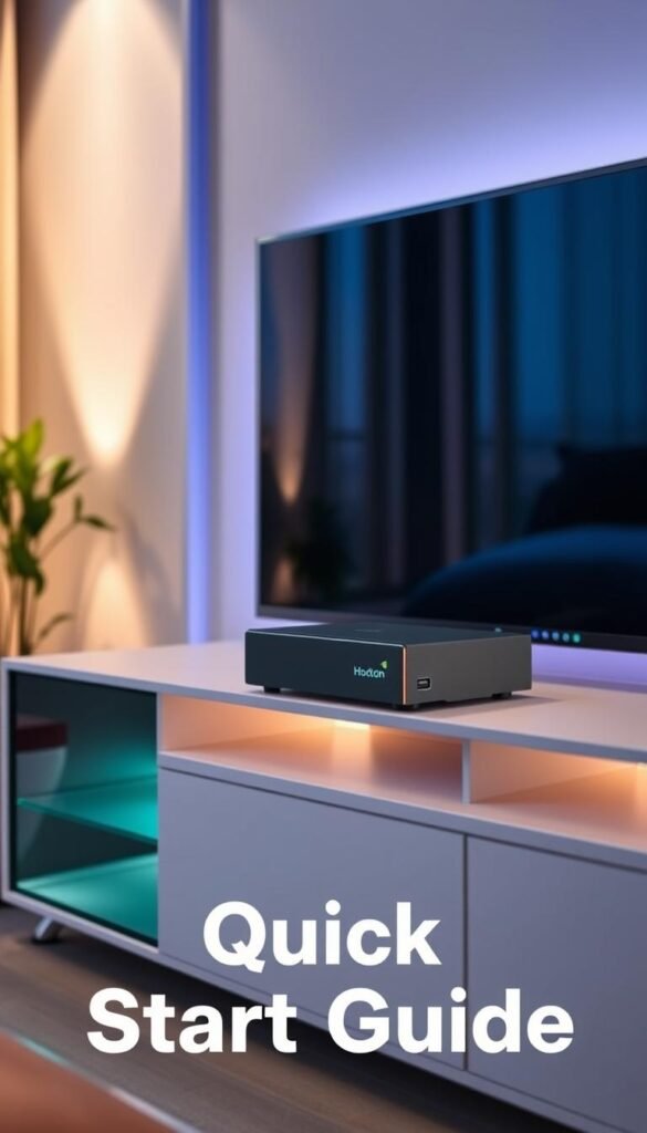 A contemporary home entertainment setup with a Hoxtoon Provider IPTV box, sitting atop a modern TV stand. The box is displayed prominently, with a sleek and minimalist design. The surrounding environment is well-lit, with soft, diffused lighting creating a warm, inviting atmosphere. The focus is on the IPTV box, with the background slightly blurred, emphasizing the setup's simplicity and user-friendliness. The image conveys a sense of efficiency and convenience, reflecting the "Quick Start Guide" section of the article.