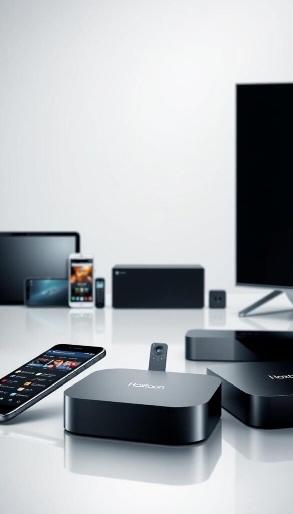 A contemporary, minimalist composition showcasing the Hoxtoon Provider's exceptional multi-device compatibility. In the foreground, an arrangement of sleek, state-of-the-art digital devices - smartphones, tablets, streaming boxes, and smart TVs - seamlessly integrated and ready for Hoxtoon's seamless content delivery. The middle ground features a clean, light-filled backdrop, emphasizing the devices' versatility and the brand's commitment to modern, user-friendly technology. Subtle highlights and reflections create a sense of harmony and sophistication, while the overall scene conveys a mood of effortless connectivity and accessibility, reflecting Hoxtoon Provider's unparalleled cross-platform support.