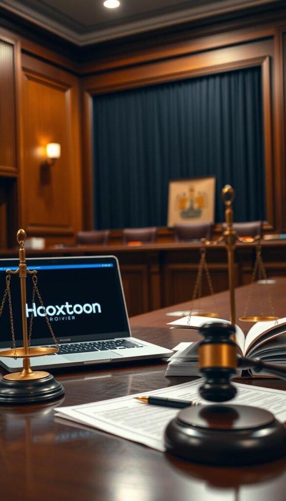 A courtroom scene with legal documents, legal scales, and a laptop displaying the Hoxtoon Provider logo. The scene is lit with a warm, authoritative lighting, creating a sense of seriousness and gravity. The background is slightly blurred, keeping the focus on the central elements. The angle is slightly elevated, giving the viewer a sense of perspective and authority. The overall mood is one of contemplation and careful consideration of the legal implications of IPTV services.