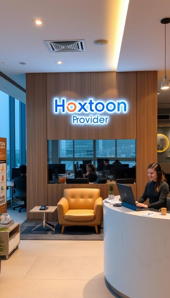 A cozy and modern customer support office, bathed in warm lighting. A Hoxtoon Provider logo prominently displayed on the wall, surrounded by workstations where helpful agents assist customers, their faces obscured to maintain privacy. In the foreground, a welcoming reception desk with a friendly receptionist, ready to direct visitors. The middle ground features comfortable seating areas and informative displays, conveying a sense of professionalism and attentiveness. The background showcases an expansive view through large windows, hinting at the global reach and 24/7 availability of Hoxtoon's customer support services.