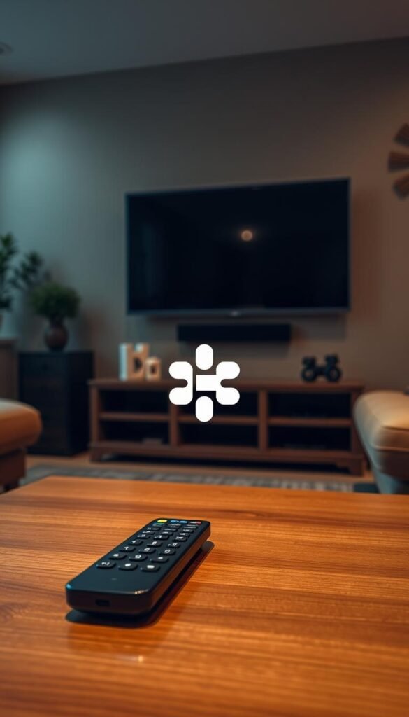 A cozy, dimly lit living room with a large, modern flat-screen television mounted on the wall. The room is accented with warm, earthy tones and plush furnishings, creating a comfortable and inviting atmosphere. In the foreground, a sleek, black remote control sits on a polished, wooden coffee table, hinting at the versatility of the Hoxtoon Provider's on-demand content library. The middle ground features a stylized icon or logo for the Hoxtoon Provider, subtly showcasing its presence in the scene. The background is softly blurred, drawing the viewer's attention to the central elements of the room and the entertainment experience.