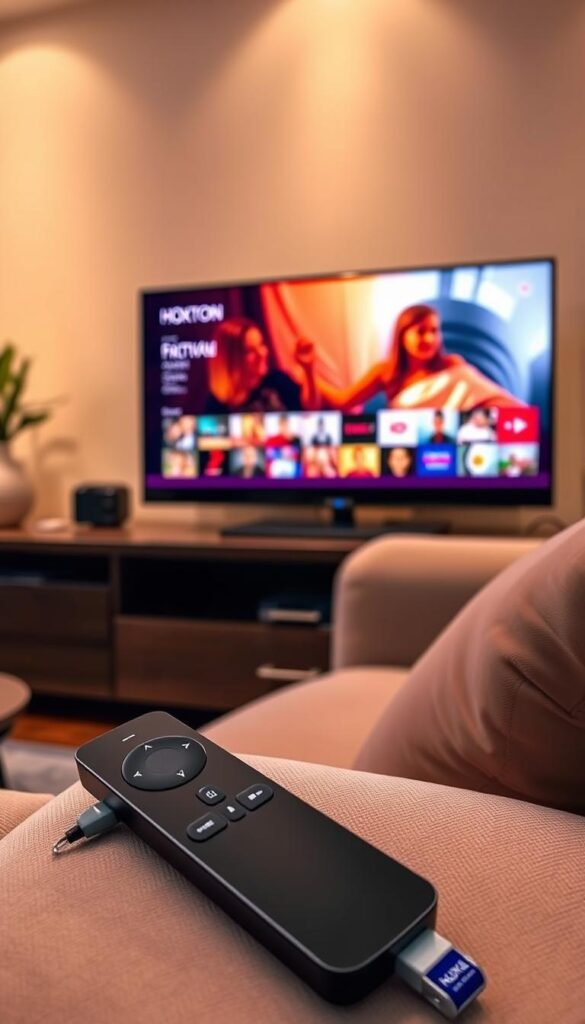 A cozy home entertainment setup with a Roku TV and a Hoxtoon Provider IPTV system, illuminated by warm, diffused lighting. The TV screen displays a vibrant, high-quality image with a vast library of over 150,000 on-demand videos. In the foreground, a sleek, modern remote control rests on a plush, neutral-toned sofa, hinting at the seamless user experience. The background features minimal, elegant decor, creating a serene, inviting atmosphere. The scene conveys a sense of reliability, quality, and customer satisfaction associated with the Hoxtoon Provider IPTV service.
