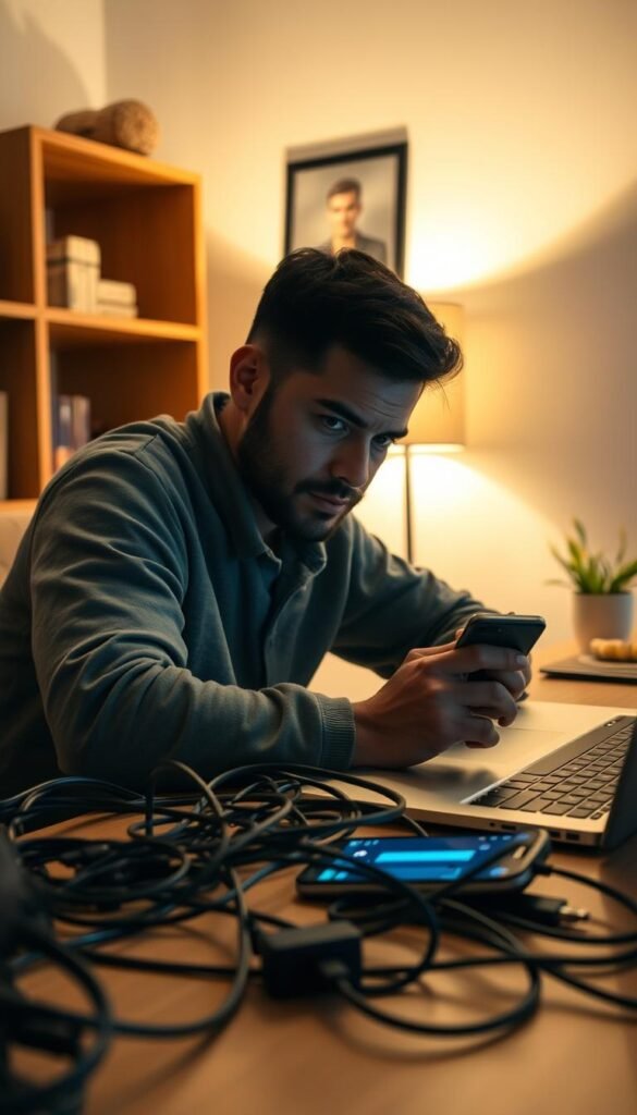 A cozy home office with a person intently focused on troubleshooting a Hoxtoon Provider IPTV service. The desk is cluttered with cables, a laptop, and a smartphone displaying buffering icons. Soft, warm lighting illuminates the scene, creating a sense of concentration and problem-solving. The person's expression is one of determination, suggesting they are actively working to resolve the IPTV buffering issue. The background features minimalist decor, allowing the main focus to remain on the troubleshooting process. The overall atmosphere conveys the Hoxtoon Provider's commitment to providing a seamless, buffering-free IPTV experience.