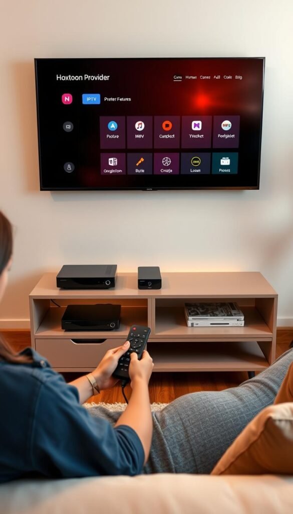 A cozy home setup with a modern IPTV service provider interface, showcasing the Hoxtoon Provider brand. The screen displays a clean, intuitive navigation menu with easy-to-access features. Sleek hardware devices sit neatly on a minimalist entertainment center, bathed in warm, soft lighting. The user lounges comfortably on a plush sofa, interacting with the interface via a simplified remote control. The overall atmosphere exudes a sense of simplicity, convenience, and an enjoyable user experience.