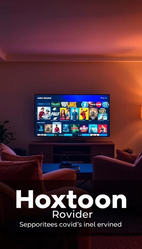 A cozy living room illuminated by warm, soft lighting, showcasing a sleek, modern television displaying a diverse array of on-demand entertainment options. In the foreground, a Hoxtoon Provider logo prominently displayed, indicating a vast library of over 150,000 video-on-demand titles at the user's fingertips. The middle ground features a comfortable sofa and armchair, inviting the viewer to settle in and immerse themselves in the endless entertainment possibilities. The background depicts a minimalist, contemporary decor, creating a serene and inviting atmosphere for the perfect binge-watching experience.