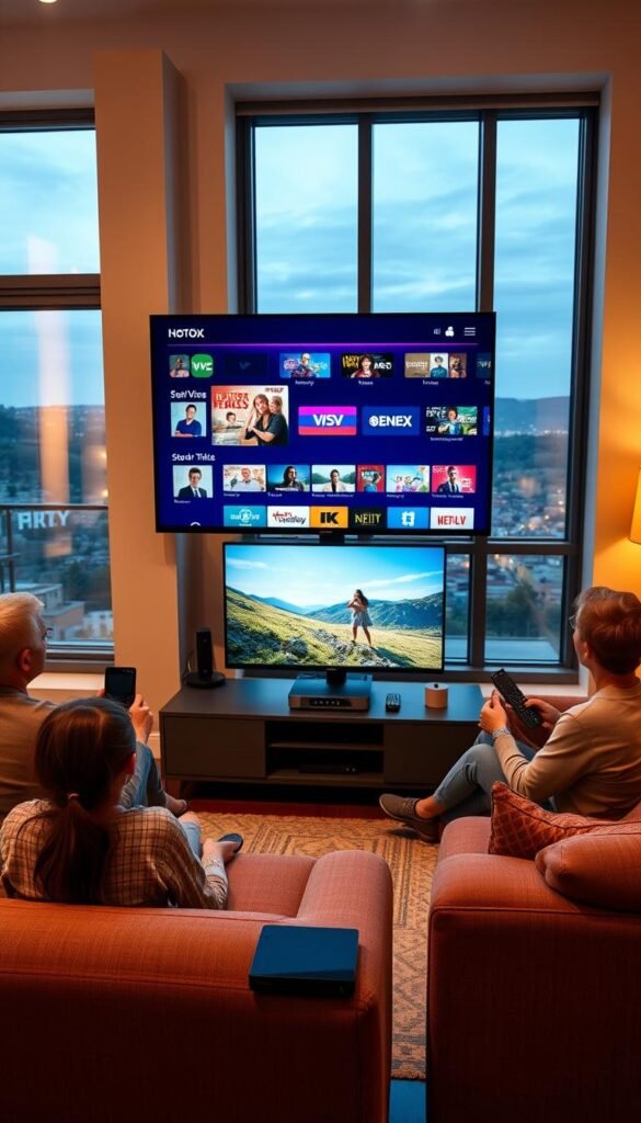 A cozy living room scene with a family gathered around a large, modern television, enjoying various on-demand streaming content from the Hoxtoon Provider IPTV service. The room is well-lit by warm, indirect lighting, creating a inviting and relaxed atmosphere. In the foreground, a sleek, minimalist TV stand holds the television, with various streaming devices and remote controls neatly arranged. The middle ground features comfortable sofas and armchairs, where the family members are seated, their eyes fixed on the screen, engaged in the content. The background showcases large windows, offering a glimpse of a picturesque outdoor scene, suggesting a sense of connection between the indoor and outdoor environments. The overall composition conveys the convenience and versatility of the Hoxtoon Provider IPTV service, enabling seamless entertainment across multiple devices in the home.