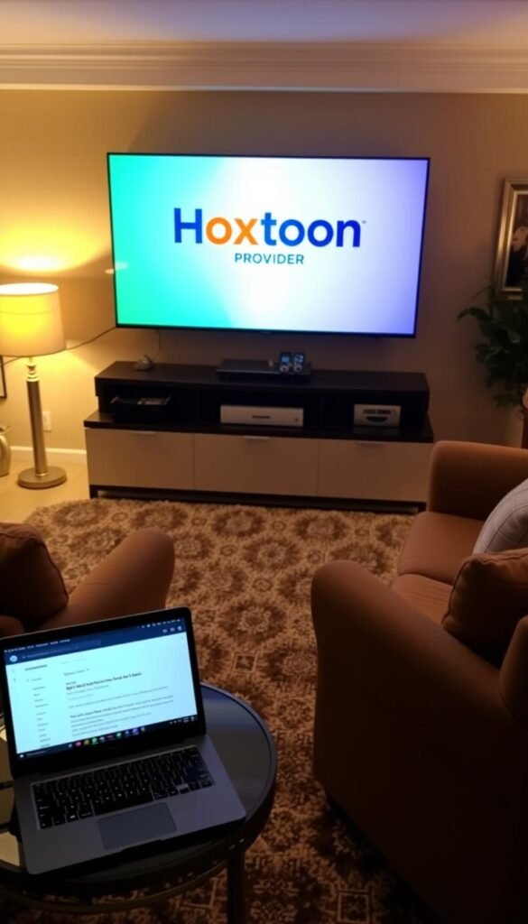 A cozy living room scene with a large flatscreen TV displaying the Hoxtoon Provider logo, surrounded by comfortable armchairs and a plush rug. Soft, warm lighting from table lamps creates a welcoming atmosphere. On a side table, a laptop is open, showcasing positive online reviews of the Hoxtoon service. The room conveys a sense of trust, reliability, and satisfaction with the Hoxtoon IPTV provider.
