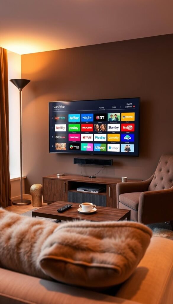 A cozy living room scene with a large flatscreen TV mounted on the wall, showcasing the Hoxtoon Provider IPTV service. The TV displays a wide array of UK-based channels, including popular catch-up options. Warm lighting from a floor lamp and a large window illuminates the room, creating a inviting and comfortable atmosphere. In the foreground, a plush sofa and armchair provide comfortable seating, with a coffee table in the center hosting a remote control and a cup of tea. The overall scene conveys the idea of a relaxing evening at home, enjoying the convenience and variety of the Hoxtoon Provider IPTV service.