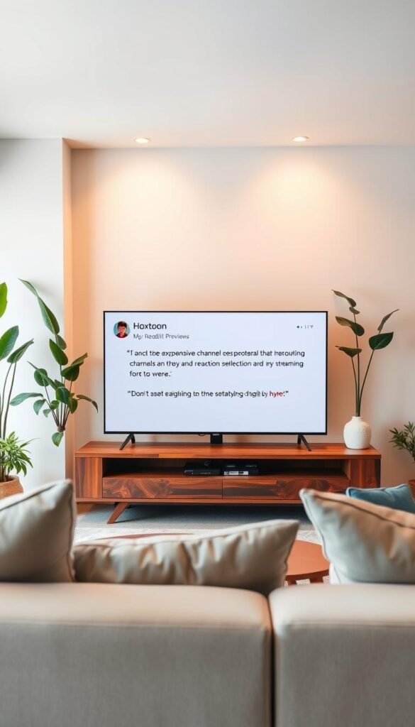 A cozy living room scene with a smart TV displaying positive Reddit reviews for the Hoxtoon Provider IPTV service. The TV is situated on a sleek wooden entertainment unit, surrounded by lush indoor plants and warm lighting. The room has a minimalist yet inviting atmosphere, with soft textures and neutral tones creating a sense of comfort. The reviews on the TV screen convey a feeling of trust and satisfaction with Hoxtoon's expansive channel selection and reliable streaming performance. The overall image evokes a sense of quality, reliability, and user satisfaction with the Hoxtoon IPTV service.