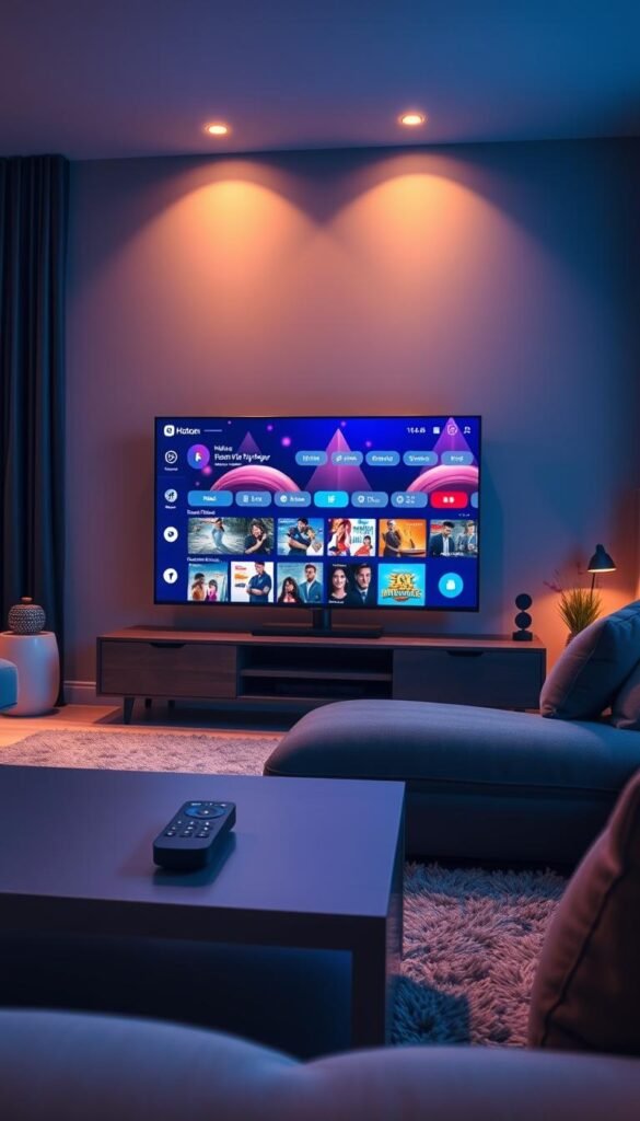 A cozy living room setting showcasing a large flat-screen television displaying the Hoxtoon Provider interface. The room is illuminated by warm, ambient lighting, creating a welcoming atmosphere. In the foreground, a modern, minimalist coffee table holds a sleek remote control, hinting at the seamless user experience. The middle ground features a plush, comfortable sofa inviting viewers to sit and enjoy the extensive Hoxtoon VOD library, which boasts over 150,000 titles across a variety of genres. The background includes subtle, sophisticated decor elements that complement the overall scene, conveying a sense of high-quality, premium entertainment.