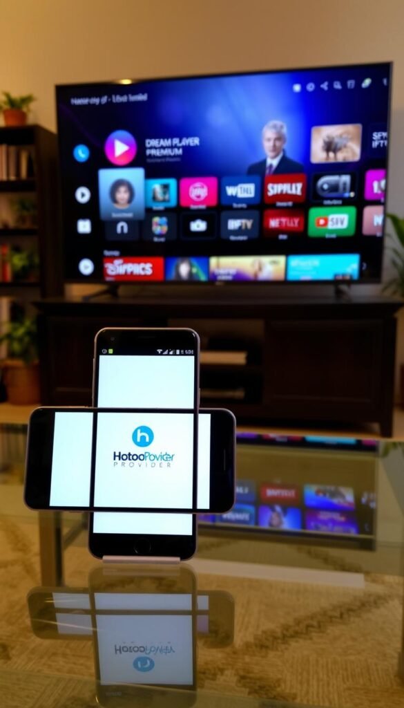 A cozy living room setting with a large flat-screen TV displaying the Dream Player IPTV Premium APK interface. On a glass coffee table in the foreground, a smartphone shows the Hoxtoon Provider logo and setup screens. Soft, warm lighting illuminates the scene, creating a comfortable and inviting atmosphere. In the background, a bookshelf and houseplants add depth and a sense of home. The overall composition conveys the ease and convenience of setting up the Dream Player IPTV Premium APK with the Hoxtoon Provider service.