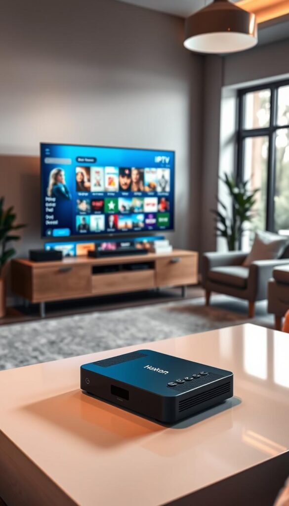 A cozy living room setting with a large flat-screen TV displaying the vibrant Hoxtoon Provider IPTV interface, showcasing a vast library of on-demand titles. Soft lighting illuminates the modern, minimalist decor, creating a welcoming atmosphere. In the foreground, a sleek, high-end streaming device sits atop a stylish media console, ready to deliver the ultimate IPTV experience. The middle ground features a comfortable sofa and armchair, inviting the viewer to immerse themselves in the endless entertainment options. The background features large windows, allowing natural light to filter in and enhance the overall ambiance.