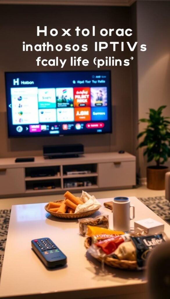 A cozy living room setting with a large flat-screen TV mounted on the wall, showcasing the Hoxtoon Provider IPTV service interface. In the foreground, a coffee table with a remote control and various snacks, creating a comfortable home entertainment atmosphere. Soft lighting illuminates the scene, creating a warm and inviting ambiance. In the background, bookshelves and a potted plant add depth and a sense of coziness. The overall composition conveys the affordability and convenience of the Hoxtoon Provider IPTV plans, enticing the viewer to consider subscribing for their streaming needs.