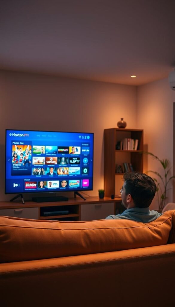 A cozy living room setting with a large flatscreen TV displaying the Hoxtoon Provider IPTV interface, showcasing a wide array of live TV channels and on-demand content. The room is illuminated by warm, soft lighting, creating a comfortable and inviting atmosphere. In the foreground, a person is seated on a plush sofa, intently watching the TV, their expression reflecting the satisfaction and immersion of the Hoxtoon IPTV experience. The background features subtle details, such as bookshelves and a decorative plant, adding depth and character to the scene. The overall composition conveys the reliability, accessibility, and user-friendliness of the Hoxtoon IPTV service.